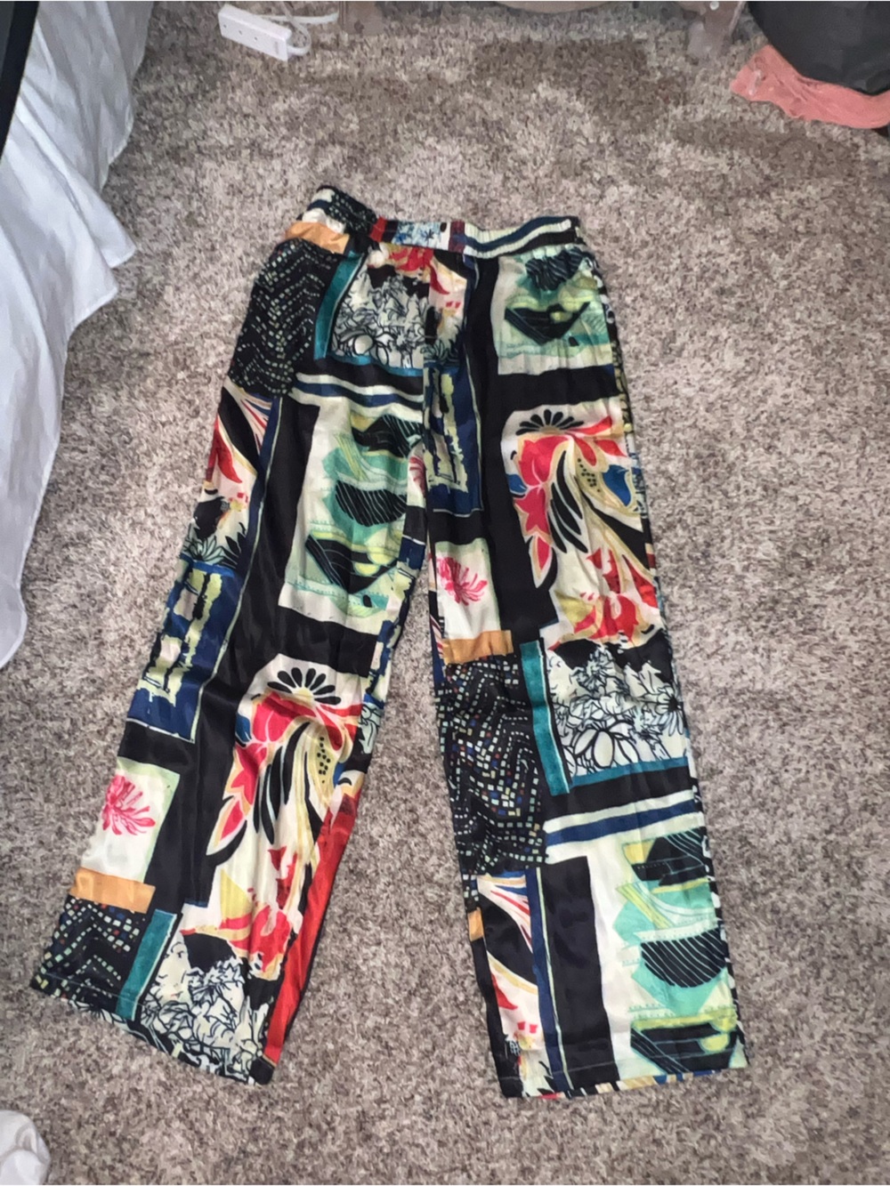 Patchwork Floral Wide Leg Pants in Black Multicolor